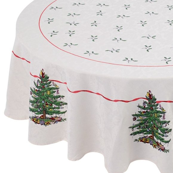 new 70-inch Round Spode Whimsical Christmas Tree Tablecloth IVORY w/ "Red Trim" - Picture 4 of 5